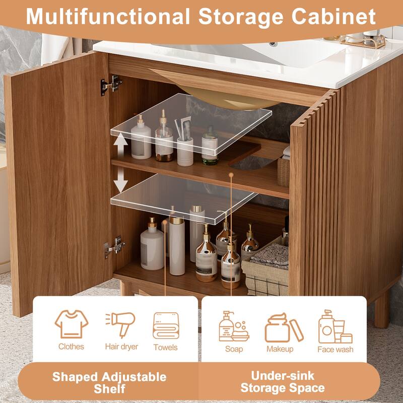 60.2'' Freestanding Bathroom Vanity in Wood with Integrated Ceramic Sink and Solid Wood Legs - 59.8'' x 18.3'' x 34''