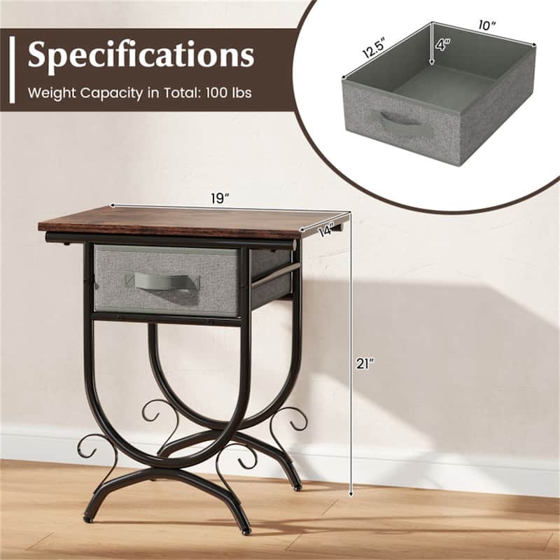 Black and Gray Side Table with Foldable Fabric Drawer Metal and Engineered Wood Storage End Table - 19" x 14" x 21"
