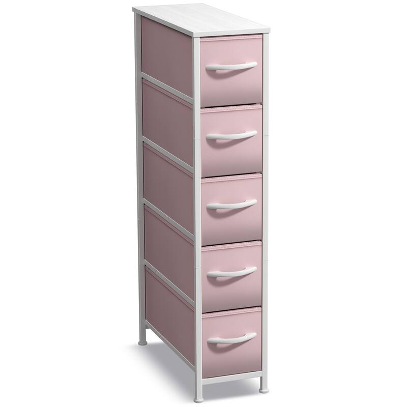 Sorbus Narrow Dresser with 5 Drawers - Vertical Slim Storage Chest of Drawers with Steel Frame, Wood Top & Easy Pull Fabric Bins - Pink