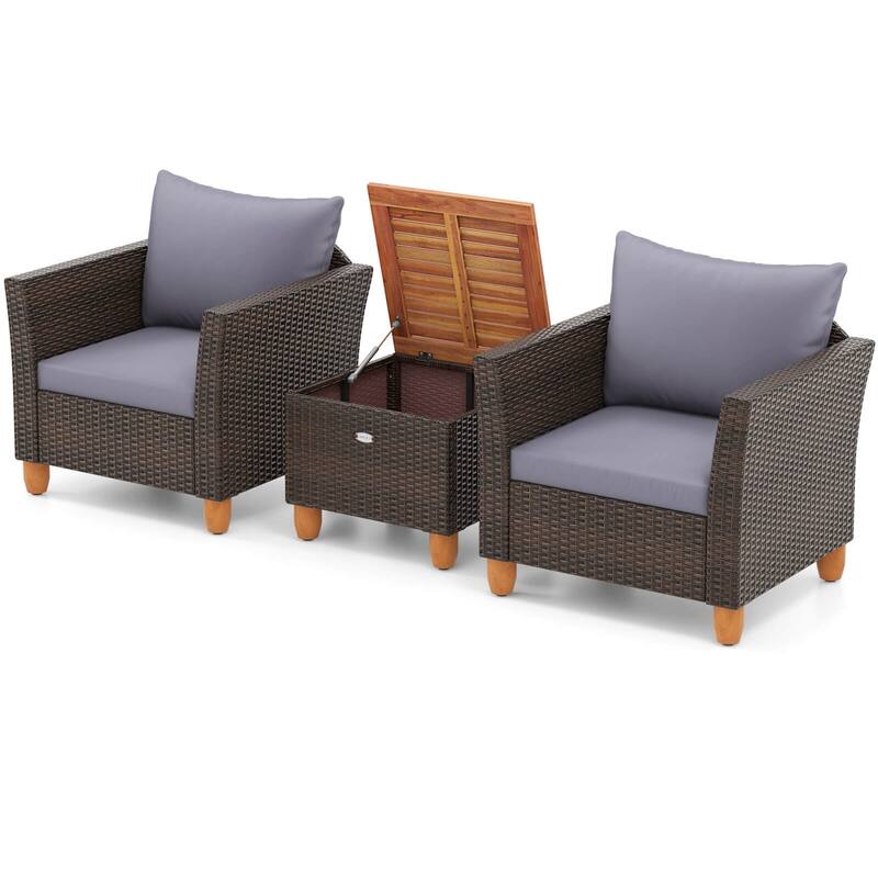 Gymax Set of 3 Rattan Bistro Furniture Set Wooden Table Top Cushioned
