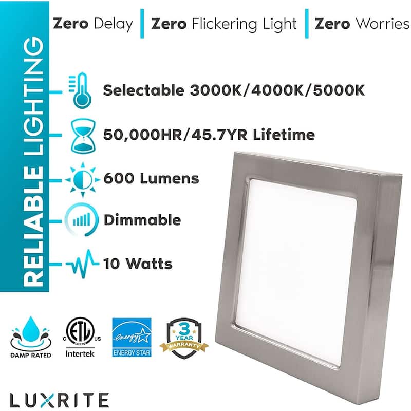 Luxrite 4" Square LED Flush Mount 10W 3 Color Selectable 600 Lumens Dimmable Damp Rated Brushed Nickel Trim