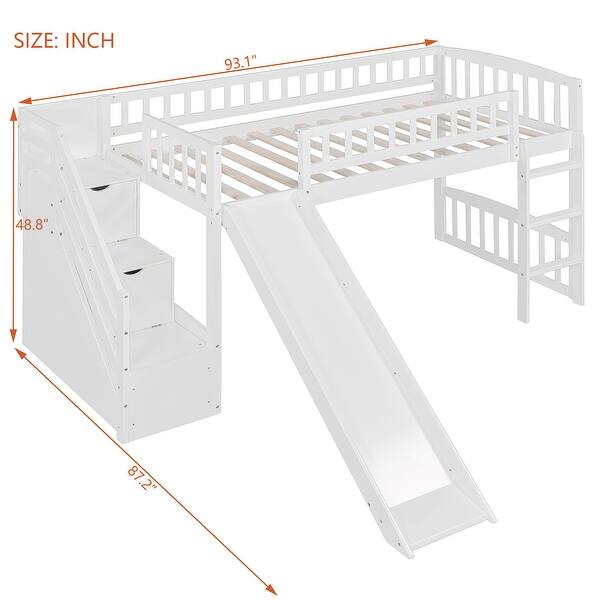 dimension image slide 1 of 2, Twin Size Loft Bed with Slide, Storage Staircase and Safety Guardrails
