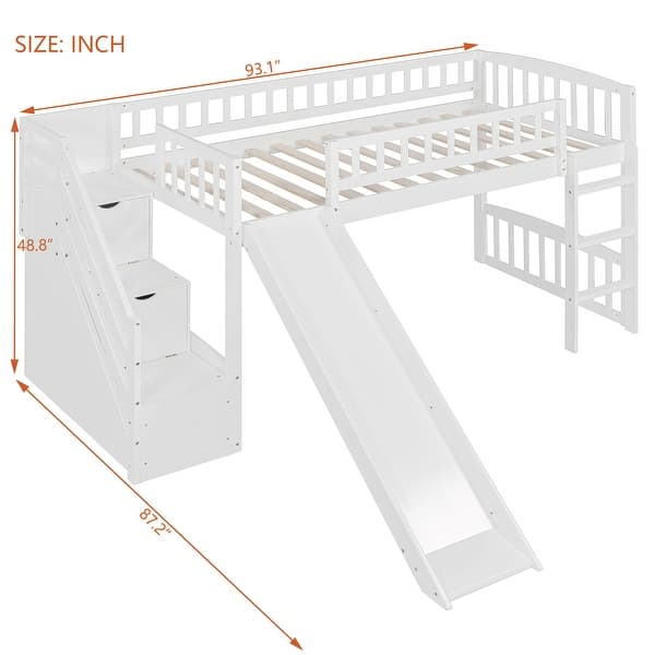 dimension image slide 1 of 2, Twin Size Loft Bed with Storage Stairs & Two Drawers, Wooden Kids Loft Bed Frame with Convertible Built-in Ladder & Slide
