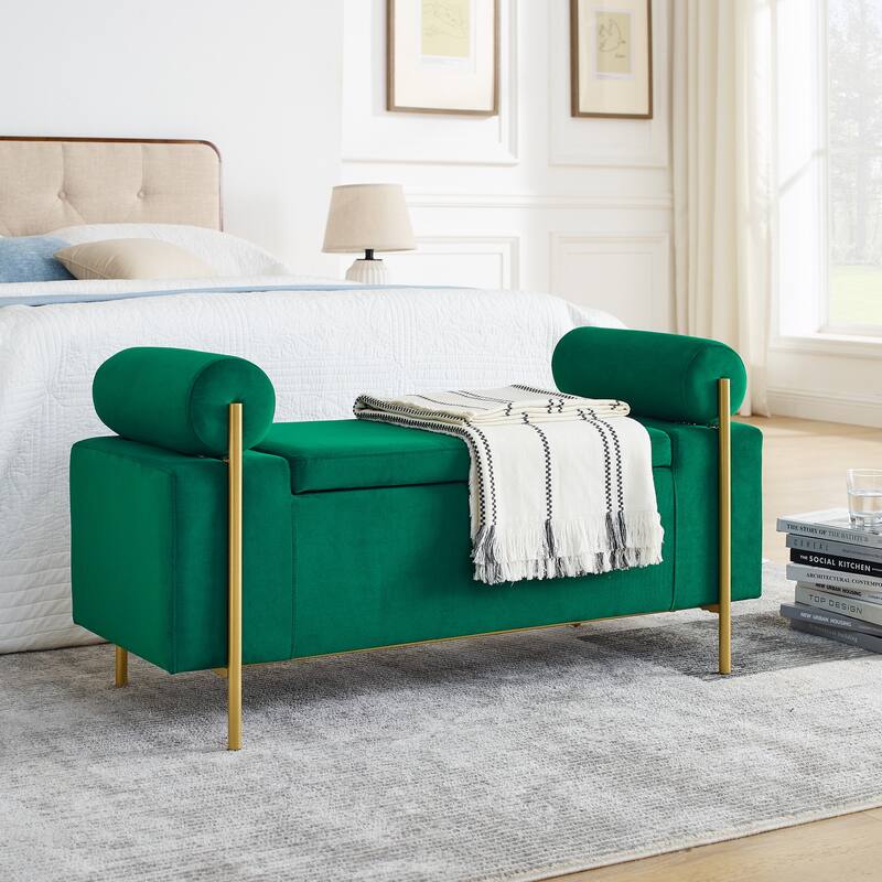Roomfitters Upholstered Linen Storage Bench with Cylindrical Arms and Gold Metal Legs for Bedroom, Entryway, Living Room - Green
