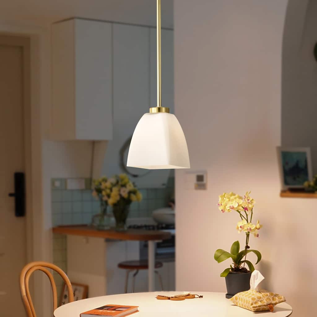 1-Light Gold Finish Mini Pendant with Pyramid Shaped Etched White Glass Shade