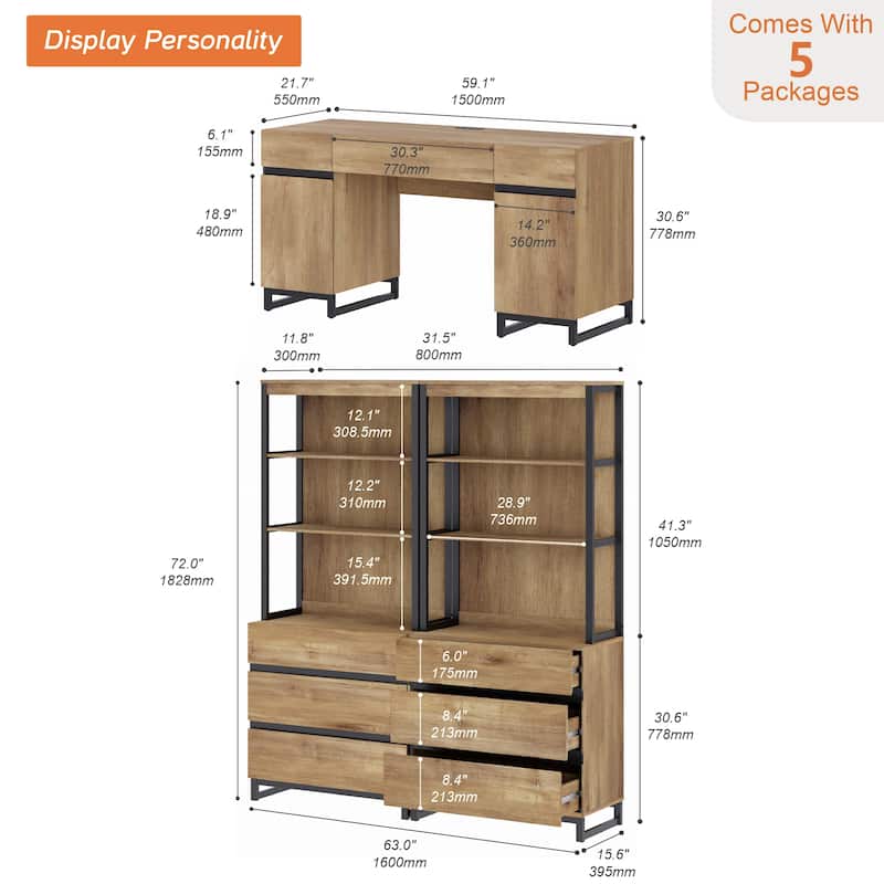 WAMPAT 59" Executive Desk with Charging Station & Storage Cabinet + 72" Tall Bookcase with 6 Drawers.