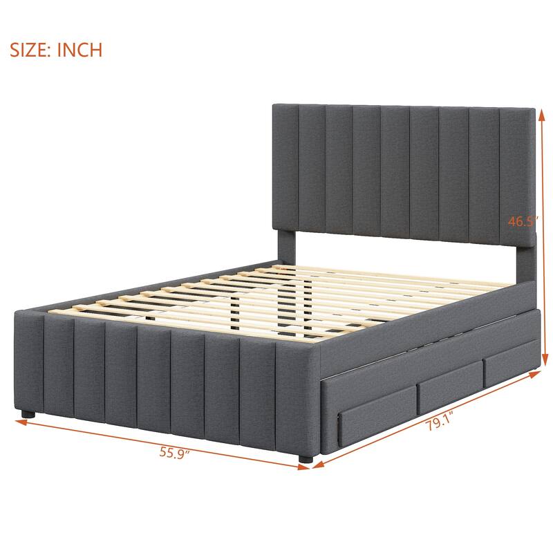 Full Size Upholstered Platform Bed with Trundle And 3 Storage Drawers
