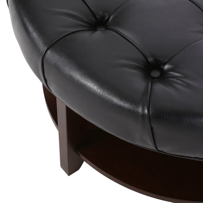 Rumbrook Faux Leather and Rubberwood Round Ottoman with Open Shelf by Christopher Knight Home