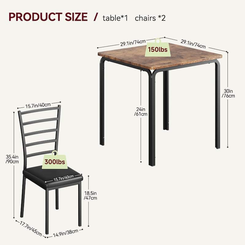 3-Piece Modern Dining Set for 2, Square Table and Chairs for Apartment Kitchen or Indoor Small Dining Area - Brown