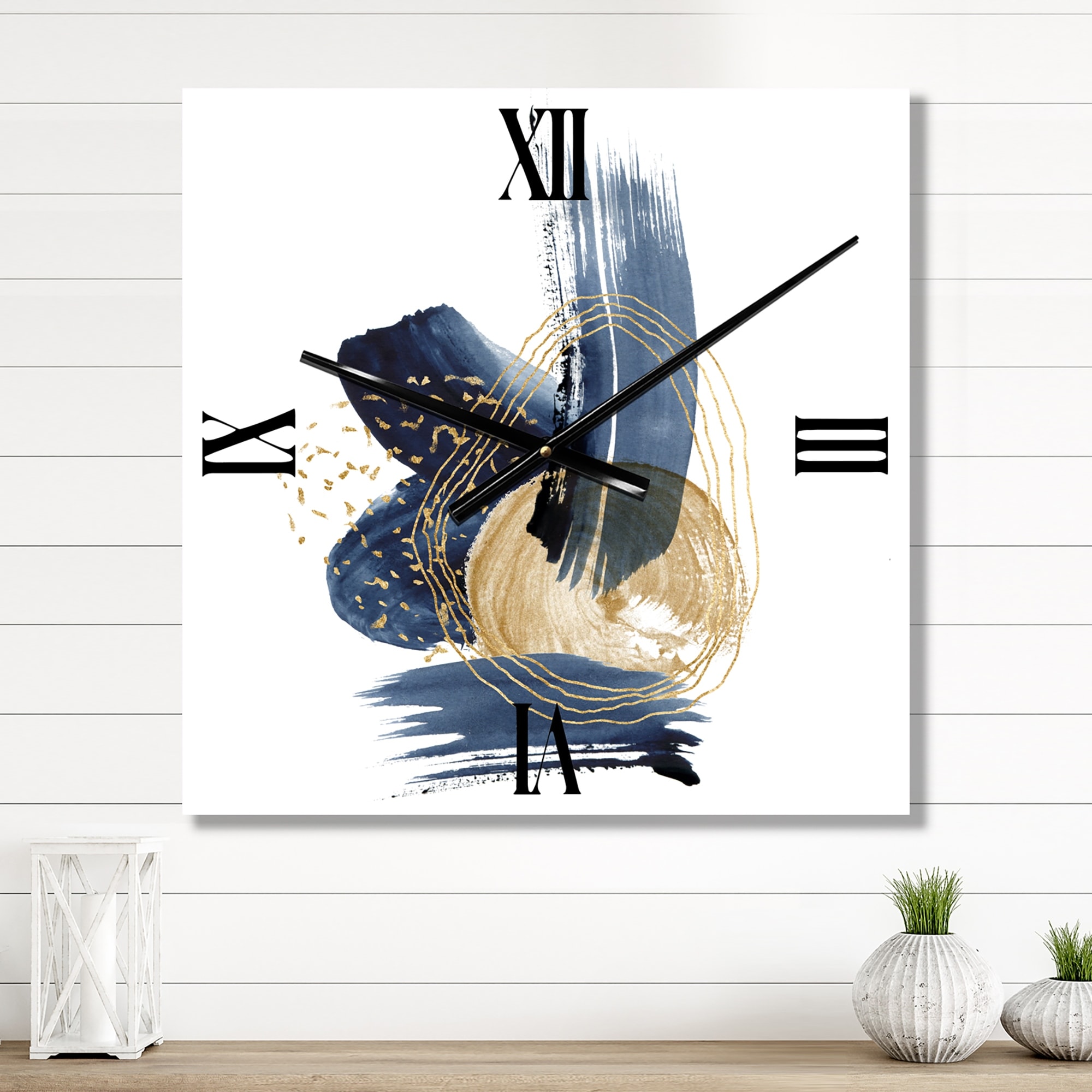 Designart 'Landscape of Dark Blue Mountains & Gold Strokes II' Modern wall clock
