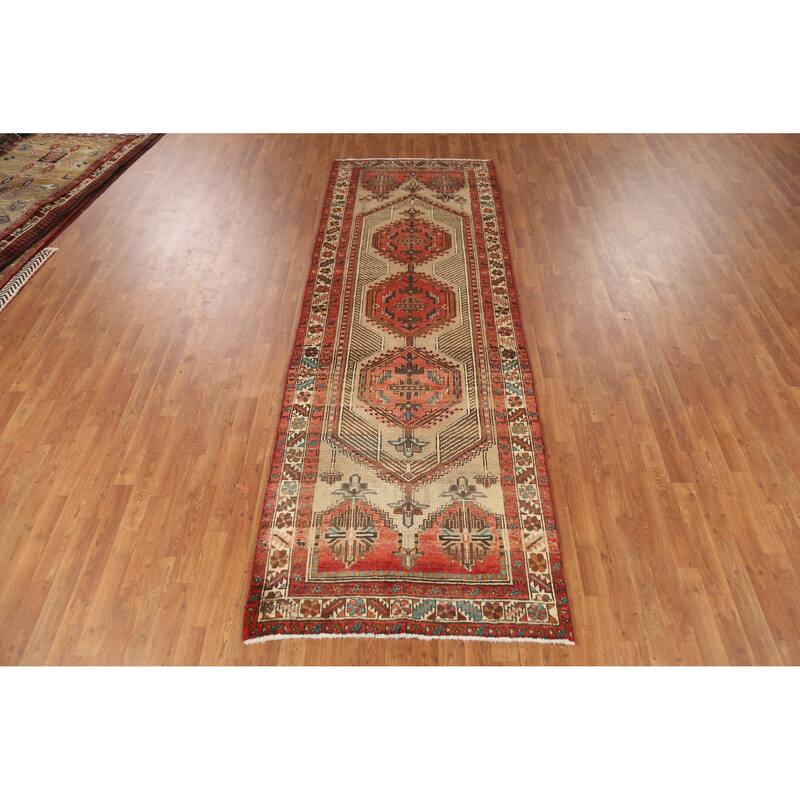 Hand Knotted Oriental 100% Wool Carpet Traditional Geometric Brown Ardebil Runner Rug - 10' 5'' X 3' 7''