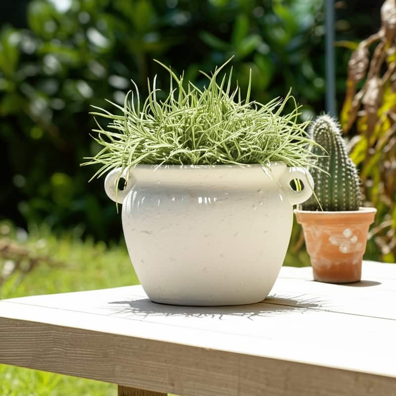 Planter Stoneware Ceramic Textured Surface With Dual Side Handles and Drainage Hole for Home or Garden Decor - 6" White - White - 10" x 8" x 6"