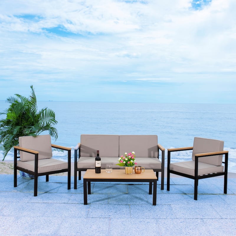 SAFAVIEH Outdoor Isabeau Cushion 4-Piece Living Set - 52W x 14D x 26H - Black Metal/Grey Cushion