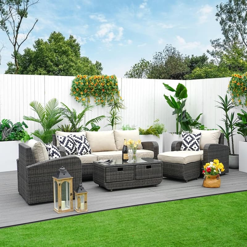 5-piece Wicker Patio Chat Set with Drawer Table