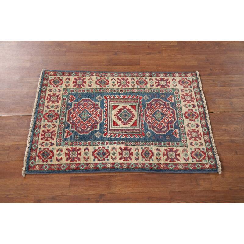Blue Geometric Kazak Foyer Rug Handmade Wool Carpet - 2'0" x 3'0"