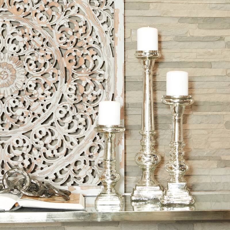 Silver Glass Handmade Turned Style Pillar Candle Holder (Set of 3)