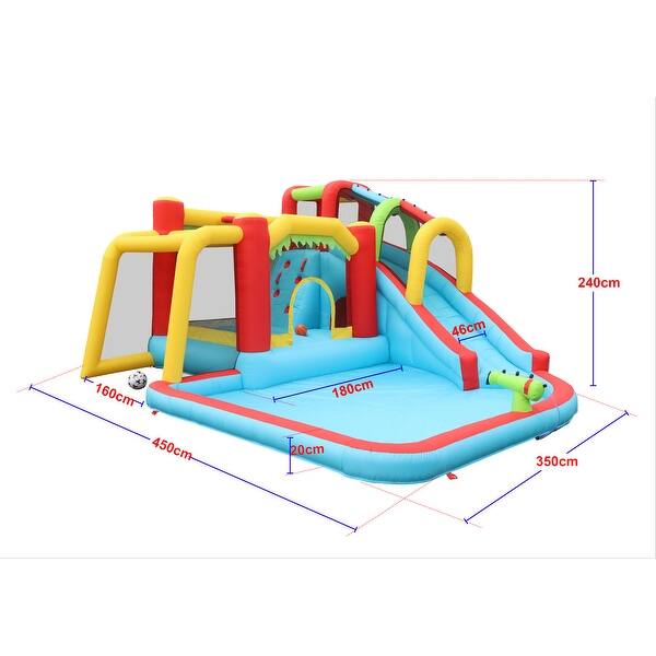 dimension image slide 0 of 2, 7-In-1 Inflatable Slide Water Park Combines a Soccer Garden Bouncer, Splash Pool, Water Gun, Climbing Wall, Basketball Hoop