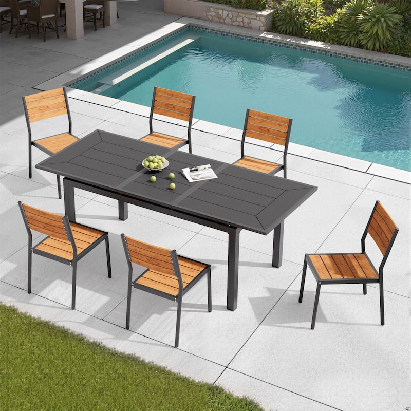 7PC Pellebant Outdoor Patio Aluminum Expandable Dining Table WPC Top with Stackable Chairs - Black-Table&Brown-Chairs
