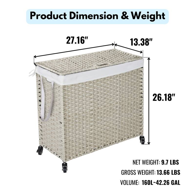 PE Rattan Laundry Hamper With Lid, Portable 160L Clothes Hampers with Wheels and 2 Removable Bags