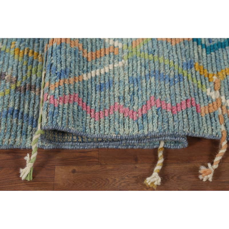 Contemporary Blue Moroccan Runner Rug Hand-Knotted Wool Carpet - 2'10"x 16'1"