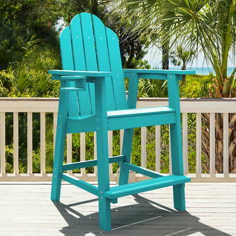 LUE BONA Outdoor Adirondack Chairs with Cup Holder Bar Height Adirondack Bar Stool with Arms for Balcony, Deck, or Patio - Aruba Blue