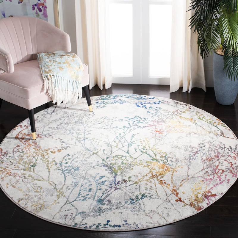 SAFAVIEH Aria Eden Floral Branches Rug - 6'5" Round - Ivory/Blue