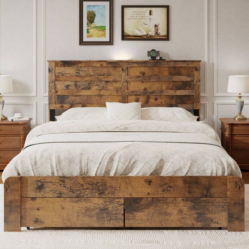Rustic Wood Platform Bed Frame with 2 Storage Drawers