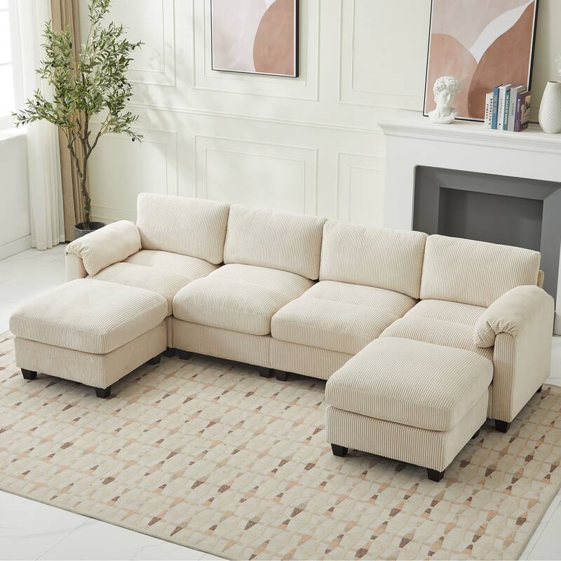 Multi-Seater Corduroy Sectional Sofa, Modular Settee, Included Removable Ottomans