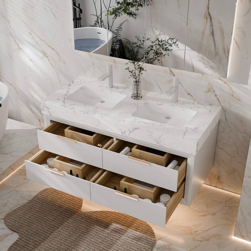Modland 48" Floating Double Sink Bathroom Vanity with White Stone Countertop, Soft-Close Drawers, LED Lighting