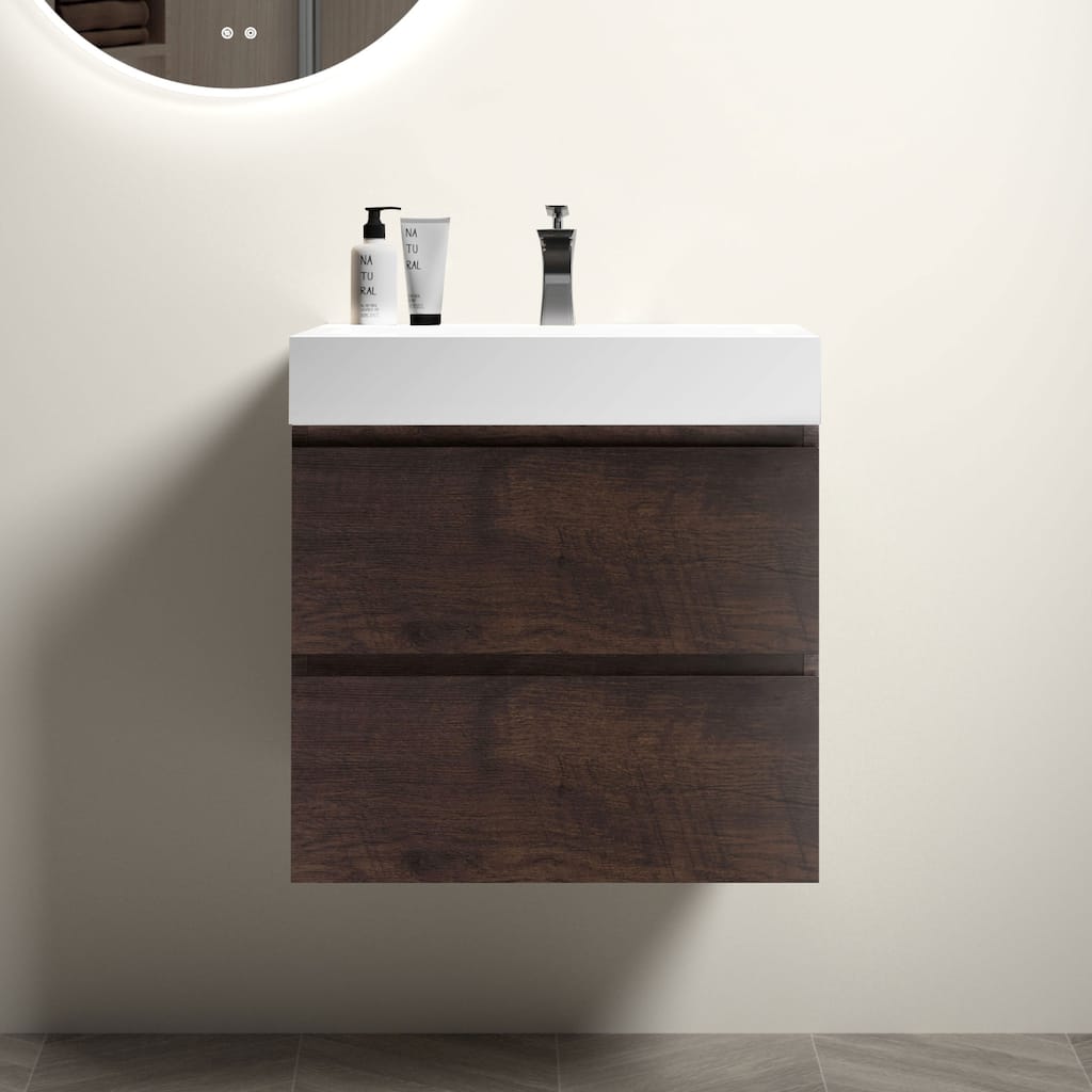 Floating Bathroom Vanity with Rosewood Finish, Glossy White Basin, Silent Soft-Closing Drawers - 24in L Melamine