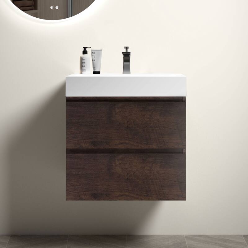 Modern Wall Mounted Bathroom Vanity with One-Piece Sink Basin without Drain and Faucet - White+Walnut