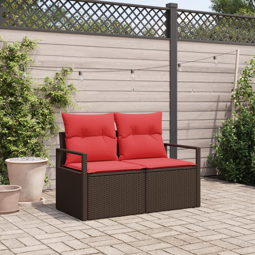 vidaXL 2-Seater Garden Sofa with Cushions Black/Brown/Grey Poly Rattan - 24.4 x 47.2 x 27.2