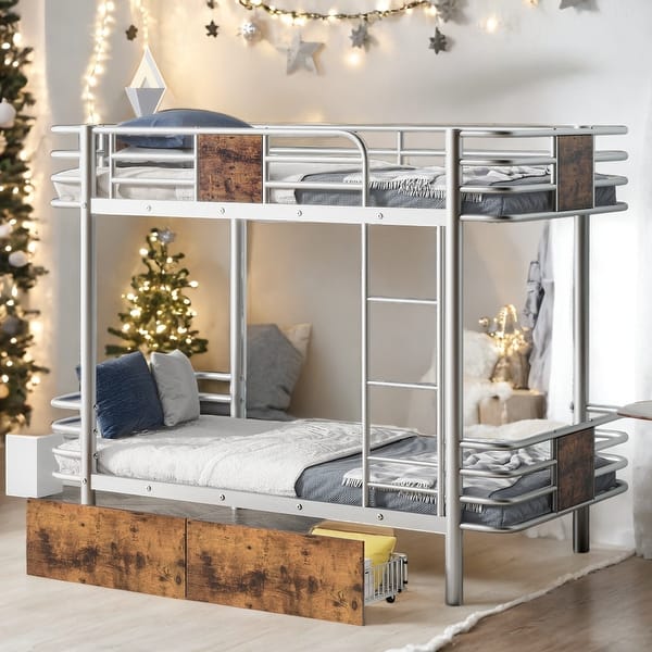 slide 2 of 9, Modern Twin XL over Twin XL Metal Bunk Bed With MDF Board Guardrail And Two Storage Drawers Silver