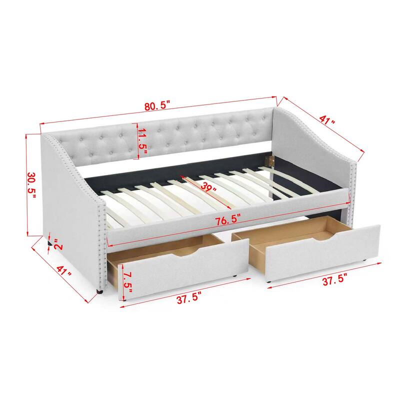 Twin Size Linen Upholstered Daybed Frame with 2 Drawers & Tufted Backrest