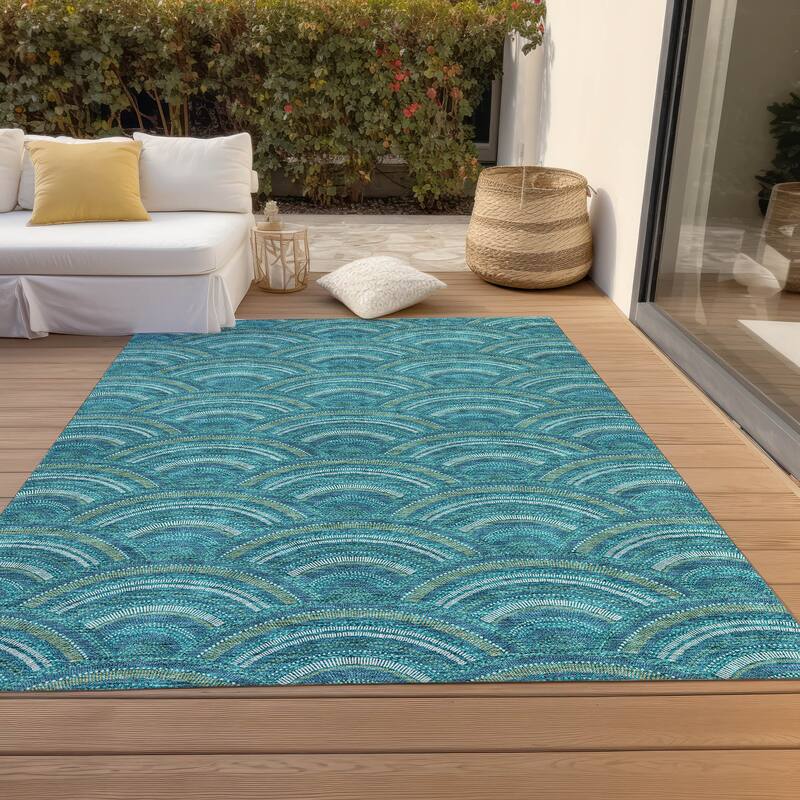 Machine Washable Indoor/ Outdoor Modern Mosaic Chantille Rug - Teal - 3' x 5'