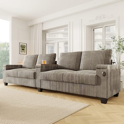 4-seater Brown Corduroy Sofa with Storage, Cup Holders, USB Ports, 133" Length