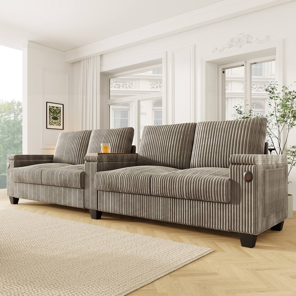 4-seater Brown Corduroy Sofa with Storage, Cup Holders, USB Ports, 133" Length