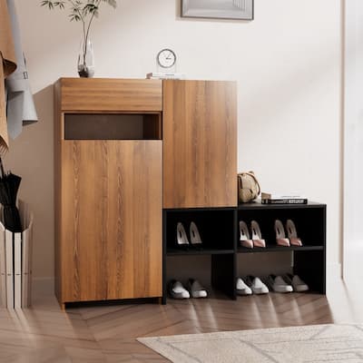 Modern Two-Tone Asymmetrical Shoe Storage Bench with Cabinet Doors – MDF Construction