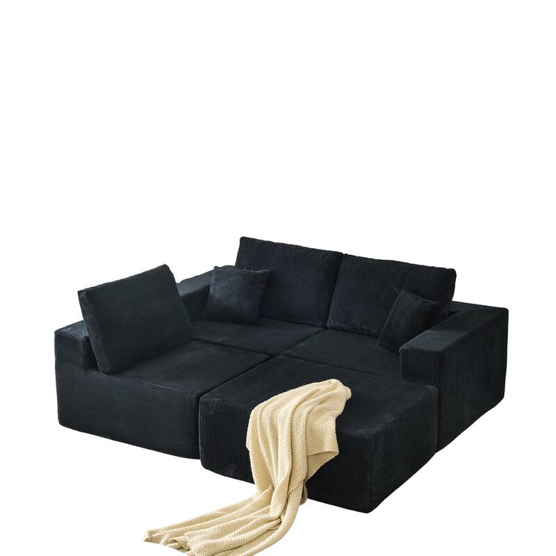 Modular L Shaped Sectional Sofa with Ottoman, Corduroy Boneless Cloud Sofa, 3 Seater Upholstered Sofa with 2 Pillows