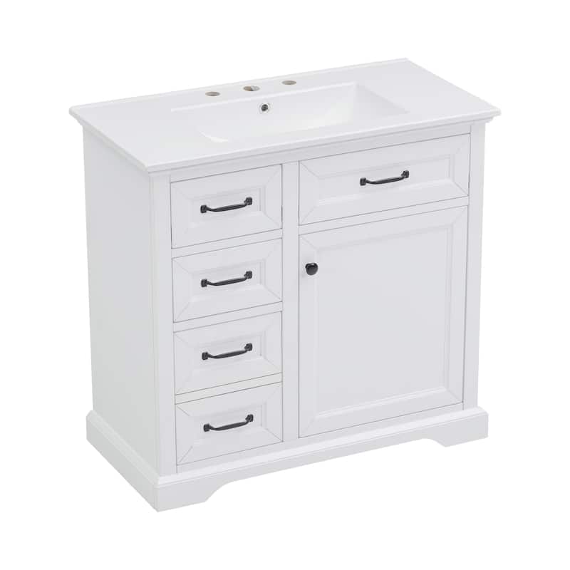 36 Inch Bathroom Vanity Ceramic Sink 4 Drawers Soft Close Door Metal Handles 8 Inch Faucet White
