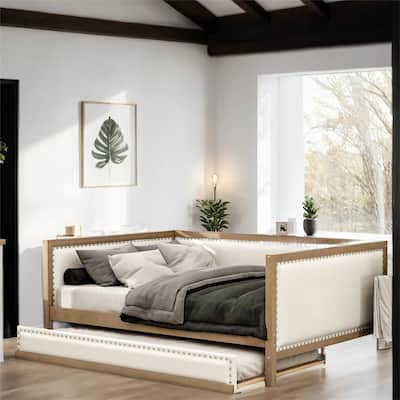 Full Size Linen Upholstered Daybed with Trundle and Nailhead