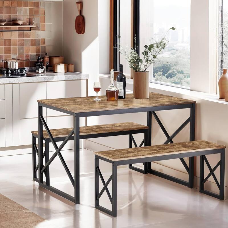 44.3" Dining Table with Benches Kitchen Table set for 4 Rectangular Dining Room Table Set with 2 Metal Wood Benches - Brown