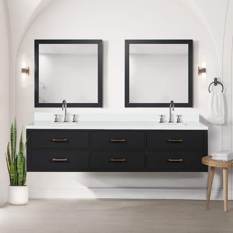 Castor 60 in W x 22 in D Black Double Bath Vanity, White Quartz Top, and 28 in Mirrors