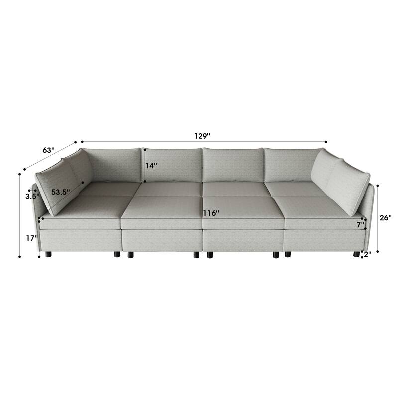 Grey 129'' Convertible 8-Seat Modular Sectional Sofa with Storage Ottoman, Comfortable Sleeper Options