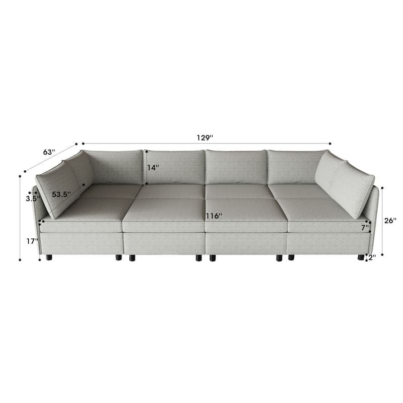 Grey 129'' Convertible 8-Seater Modular Sofa with Storage