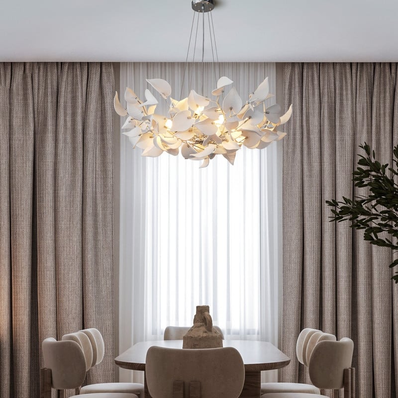 KAYLA 31.5" 6-Light Luxury Gold Round Chandelier, Modern Ceramic Leaf Branch