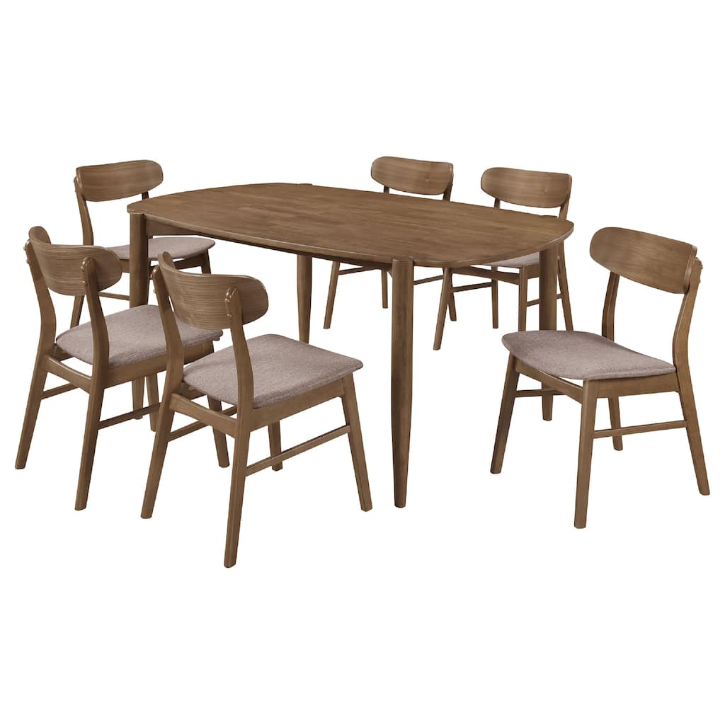 Dora 7pc Dining Table n 6 Chairs Set, Curved Scandinavian, Walnut Brown