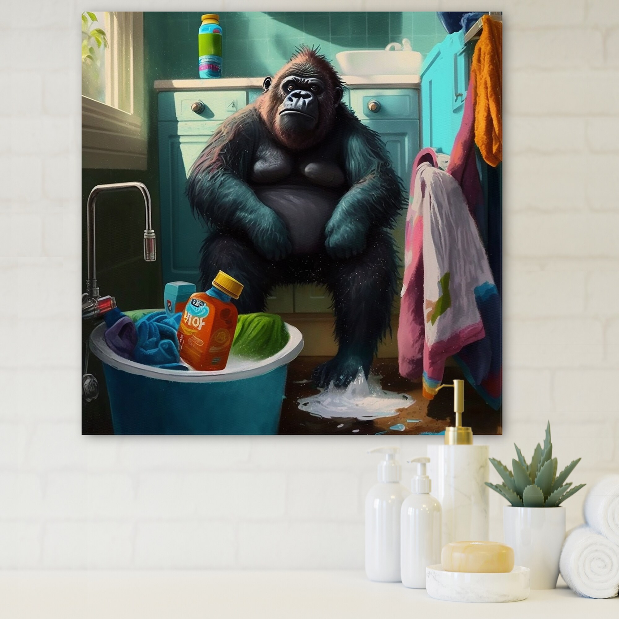 Designart Funny Monkey Doing Laundry Animals Canvas Wall Art