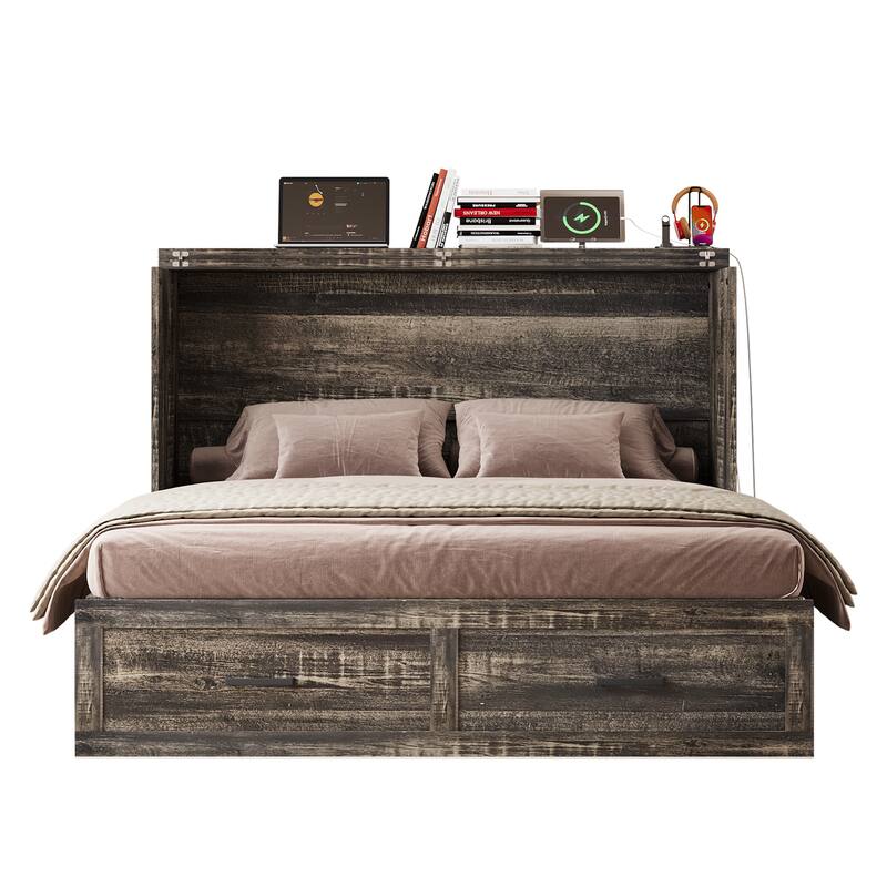 Queen Murphy Bed with Charging Station,Farmhouse Murphy Cabinet Bed with Large Storage Drawer,Hideaway Foldable Platform Bed