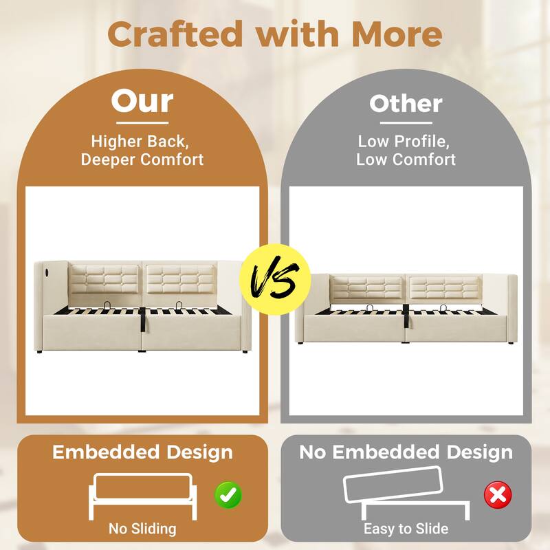 Beige Velvet Twin Daybed with Hydraulic Storage, USB Charging & Tufted Back!